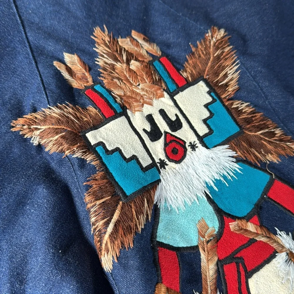 Native American appliqué Jean midi skirt with feather faux suede tunic EVC small